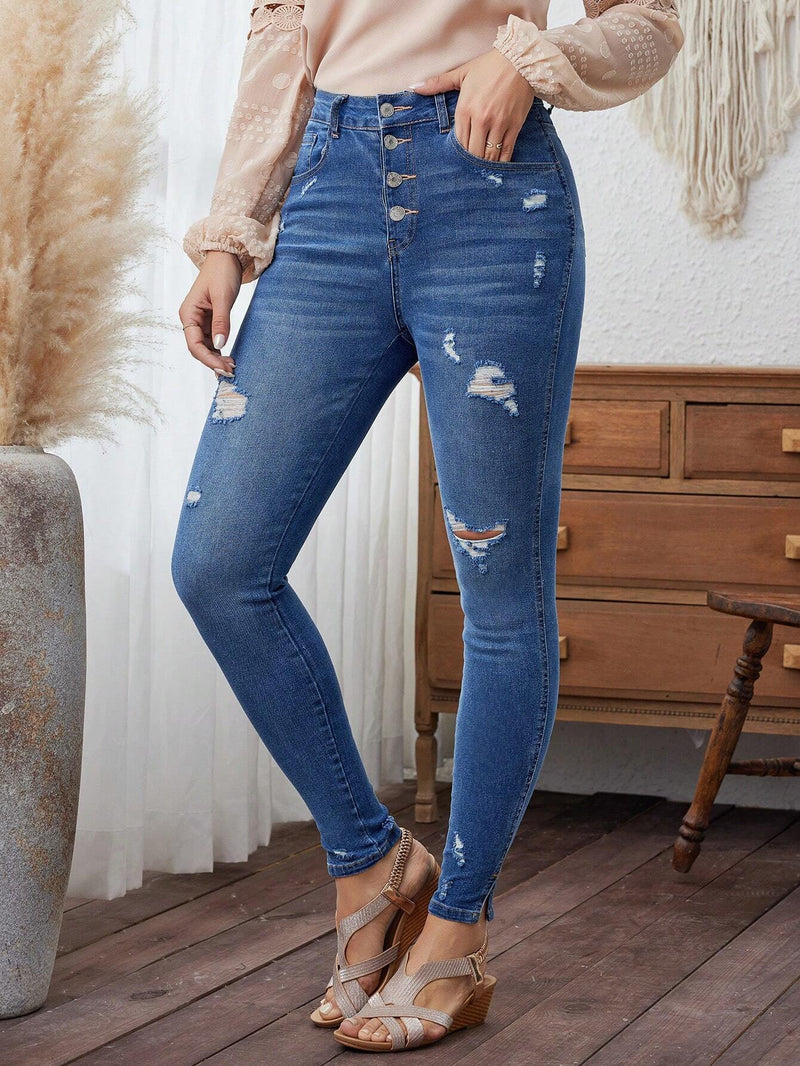 LUNE Jeans Ajustados De Mujer Con Botones Delanteros Y Agujeros Desgastados