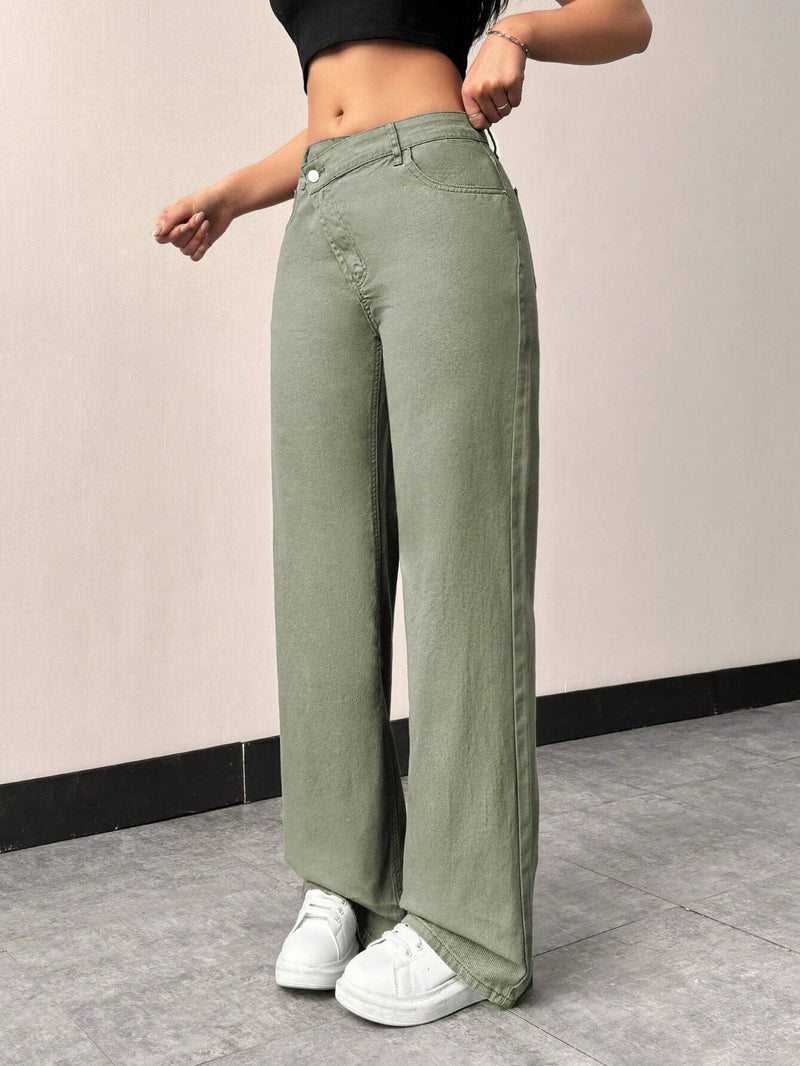 Pantalones De Mezclilla De Talle Alto Asimetricos Para Mujer