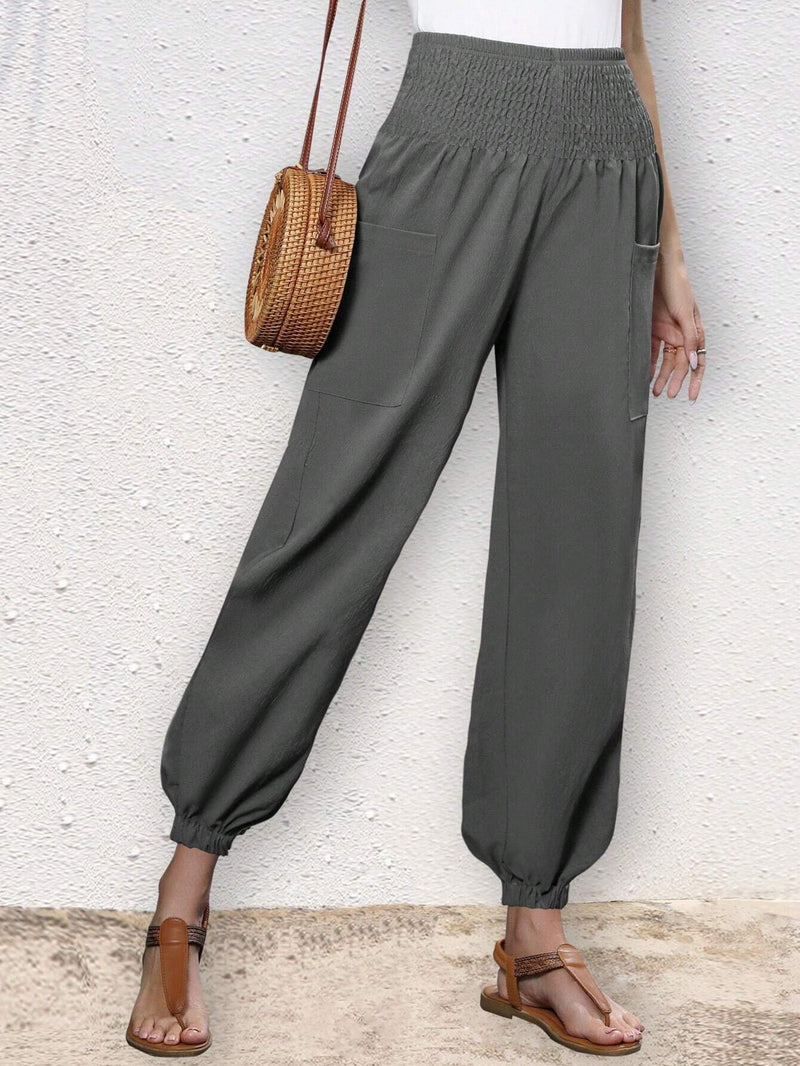 Pantalones Casuales Para Mujer Con Cintura Elastica De Nueve Puntos Y Doble Bolsillo Estilo Haren