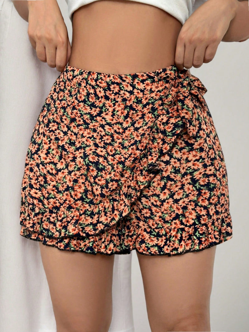 WYWH Pantalones Cortos Casuales Con Dobladillo De Volante Y Estampado Floral Para Mujeres