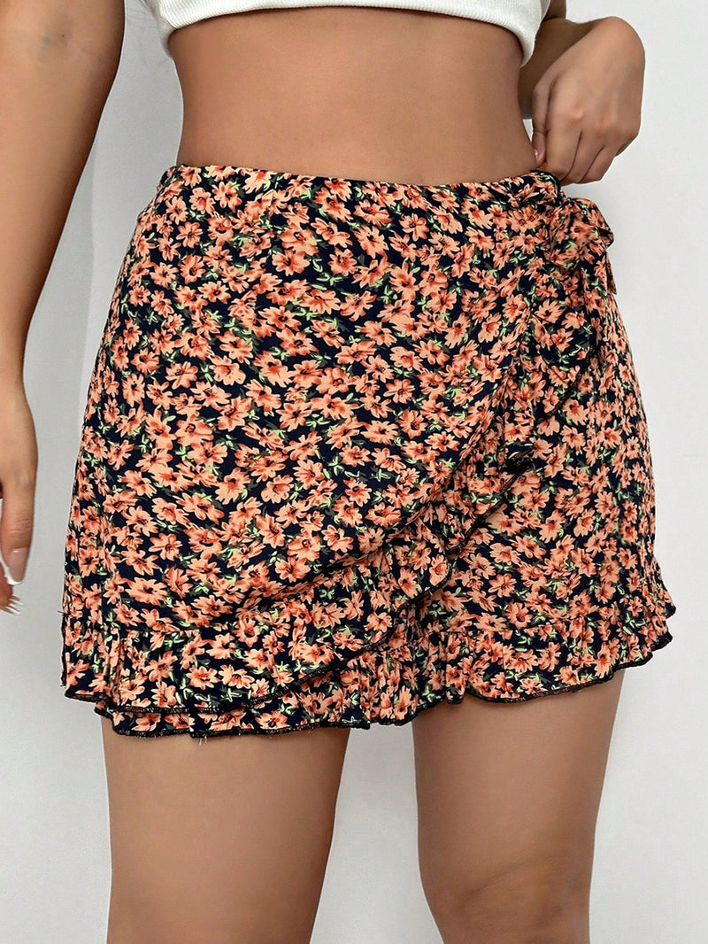 WYWH Pantalones Cortos Casuales Con Dobladillo De Volante Y Estampado Floral Para Mujeres