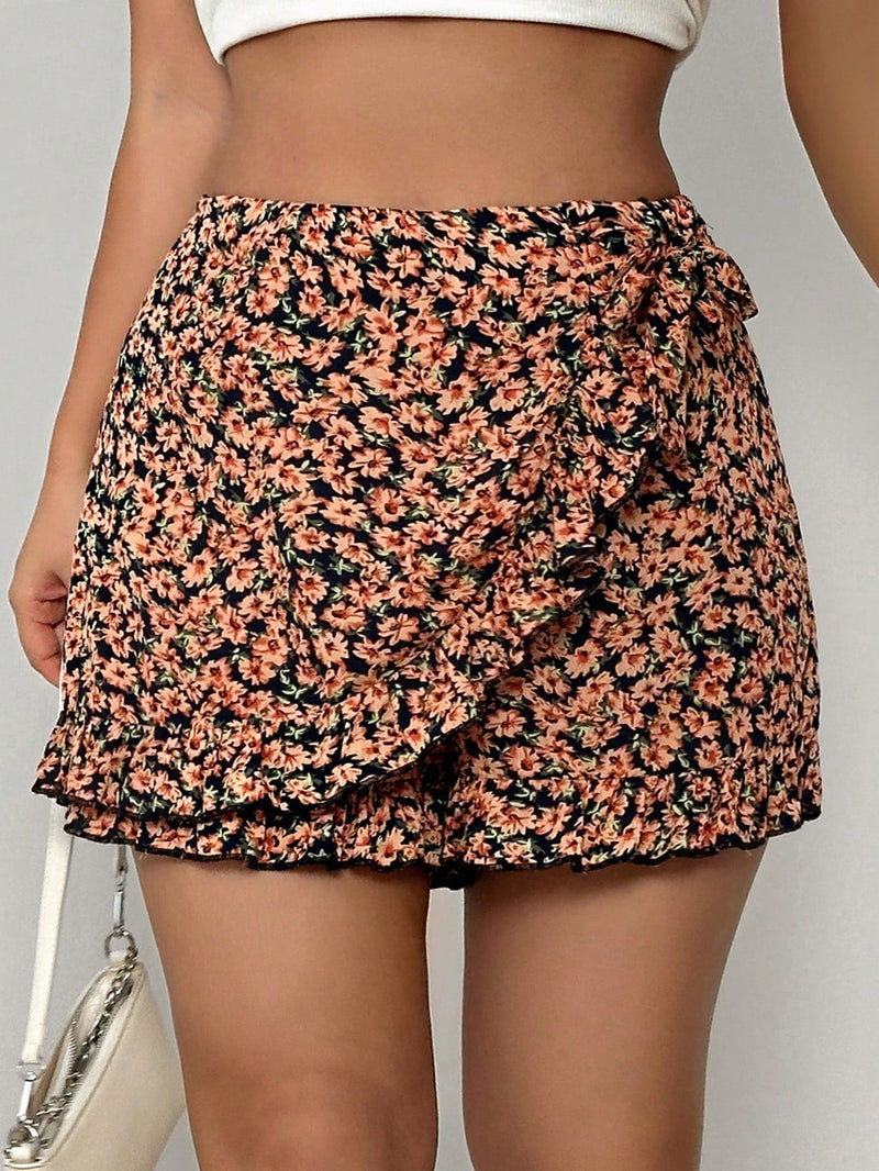 WYWH Pantalones Cortos Casuales Con Dobladillo De Volante Y Estampado Floral Para Mujeres