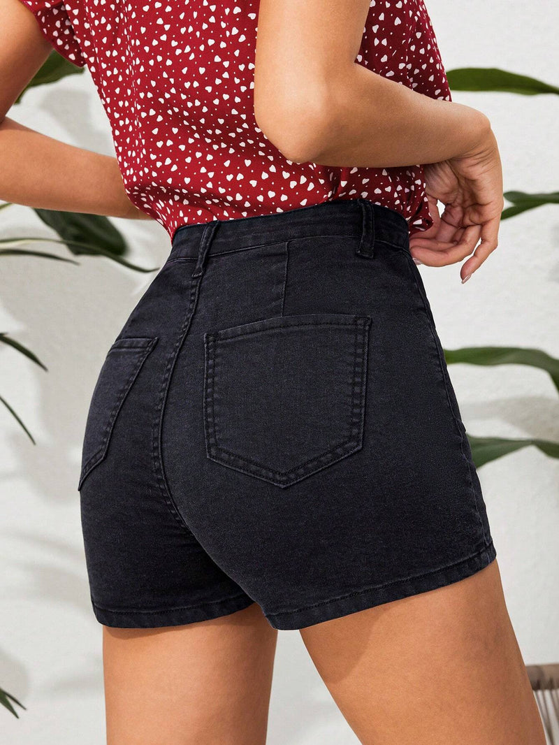 VCAY Pantalones Cortos De Mezclilla Ajustados Solidos De Color Para Mujer