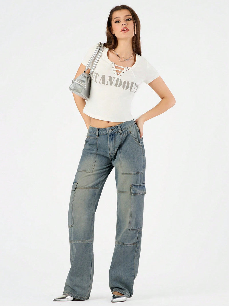 Forever 21 Jeans De Pierna Ancha Para Mujer Inspirados En Cargamento, Con Acabado Desgastado Y Varios Bolsillos De Utilidad