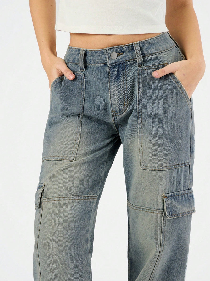 Forever 21 Jeans De Pierna Ancha Para Mujer Inspirados En Cargamento, Con Acabado Desgastado Y Varios Bolsillos De Utilidad