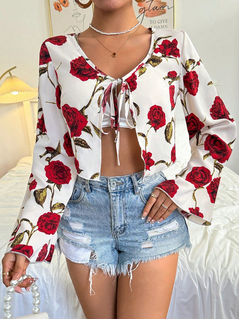 Essnce Camisa De Manga Acampanada Y Estampado Floral Para Mujer Con Lazo Autoajustable