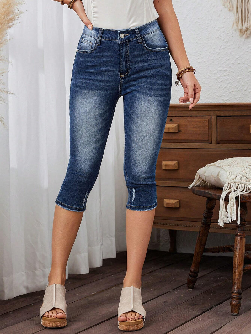 LUNE Pantalones Jeans De Mezclilla Rasgado Ajustados Y Recortados Para Mujer