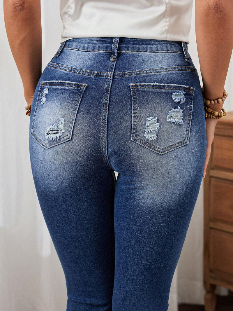 LUNE Pantalones Jeans De Mezclilla Rasgado Ajustados Y Recortados Para Mujer