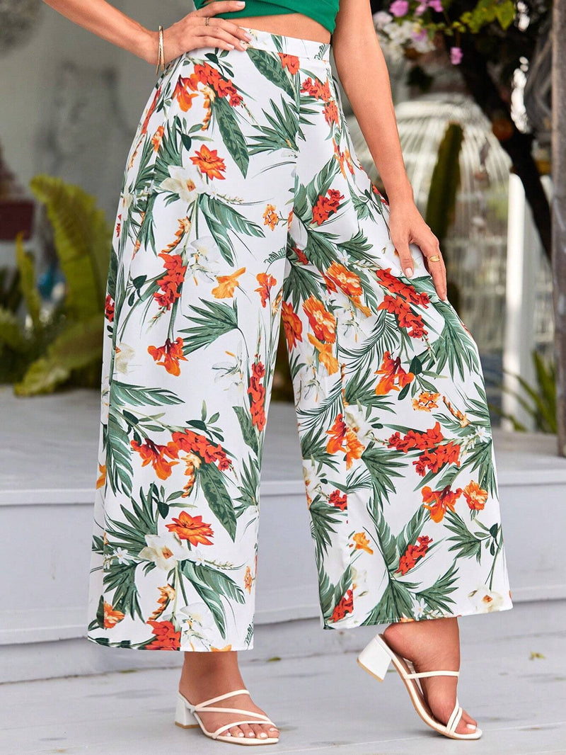 VCAY Pantalones Holgados De Pierna Ancha Con Estampado De Plantas Y Flores Para Mujer En Estilo De Vacacion