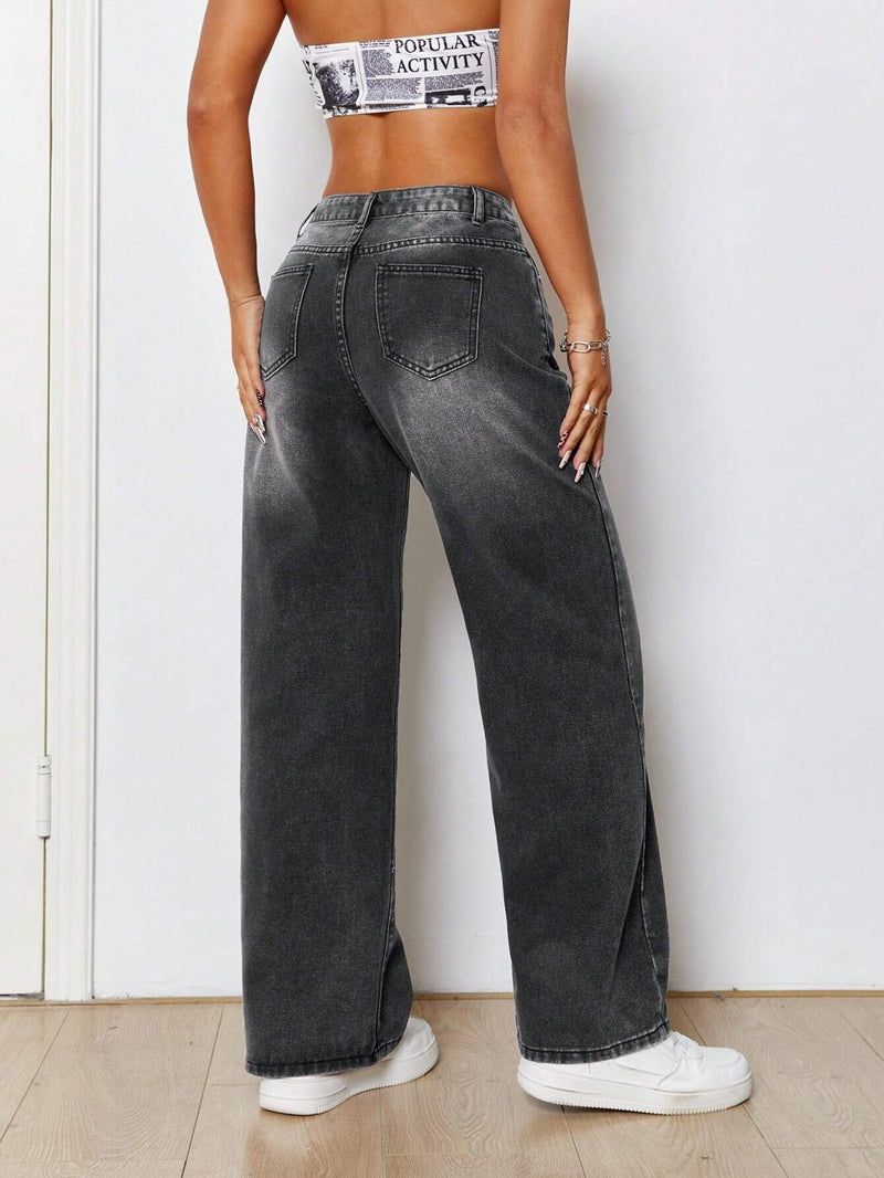 PETITE Jeans Con Diseno De Bigotes De Gato Casuales Y Sueltos Para Mujer