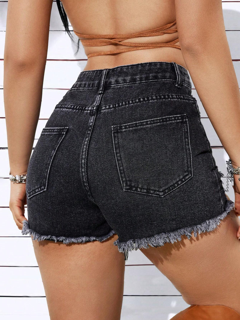 ICON Shorts De Mezclilla De Cintura Alta Para Mujer Con Bajo Irregular Desgastado