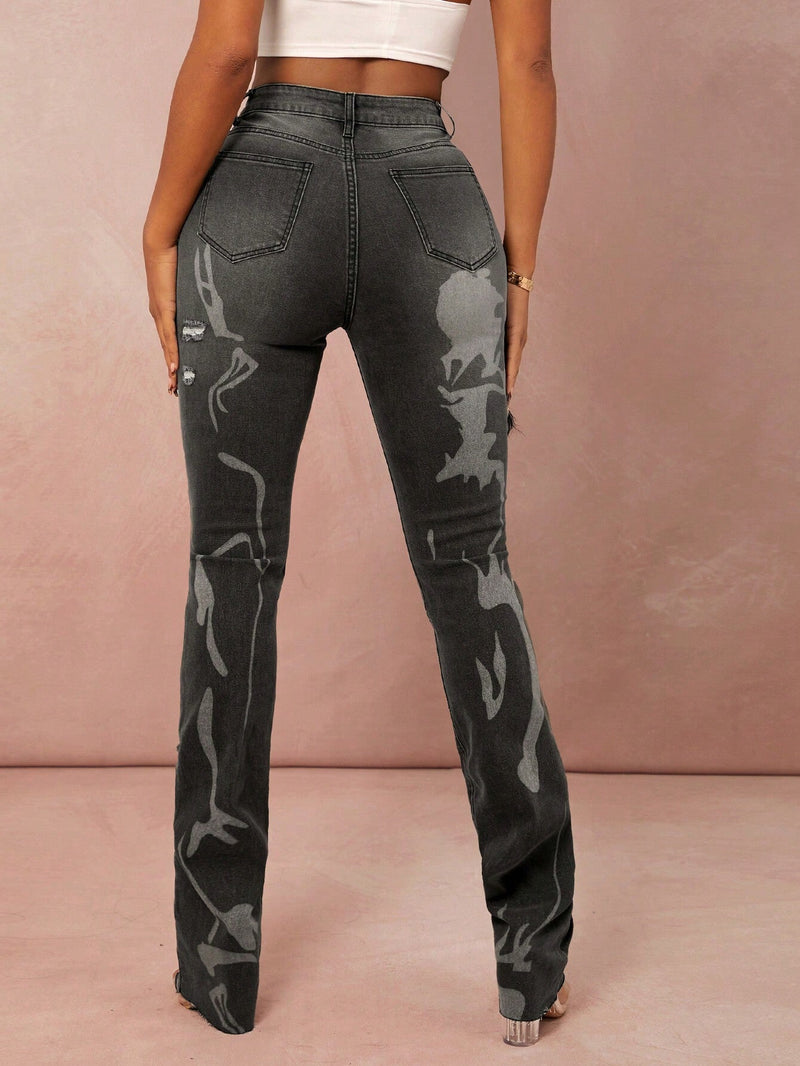 SXY Jeans rotos de talle alto con estampado