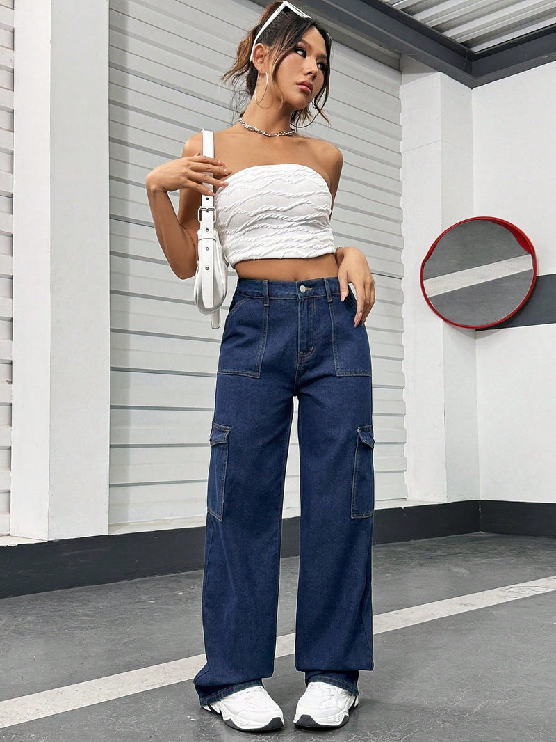 PETITE Jeans De Cintura Alta Y Pierna Ancha Para Mujeres Con Estilo De Utilidad