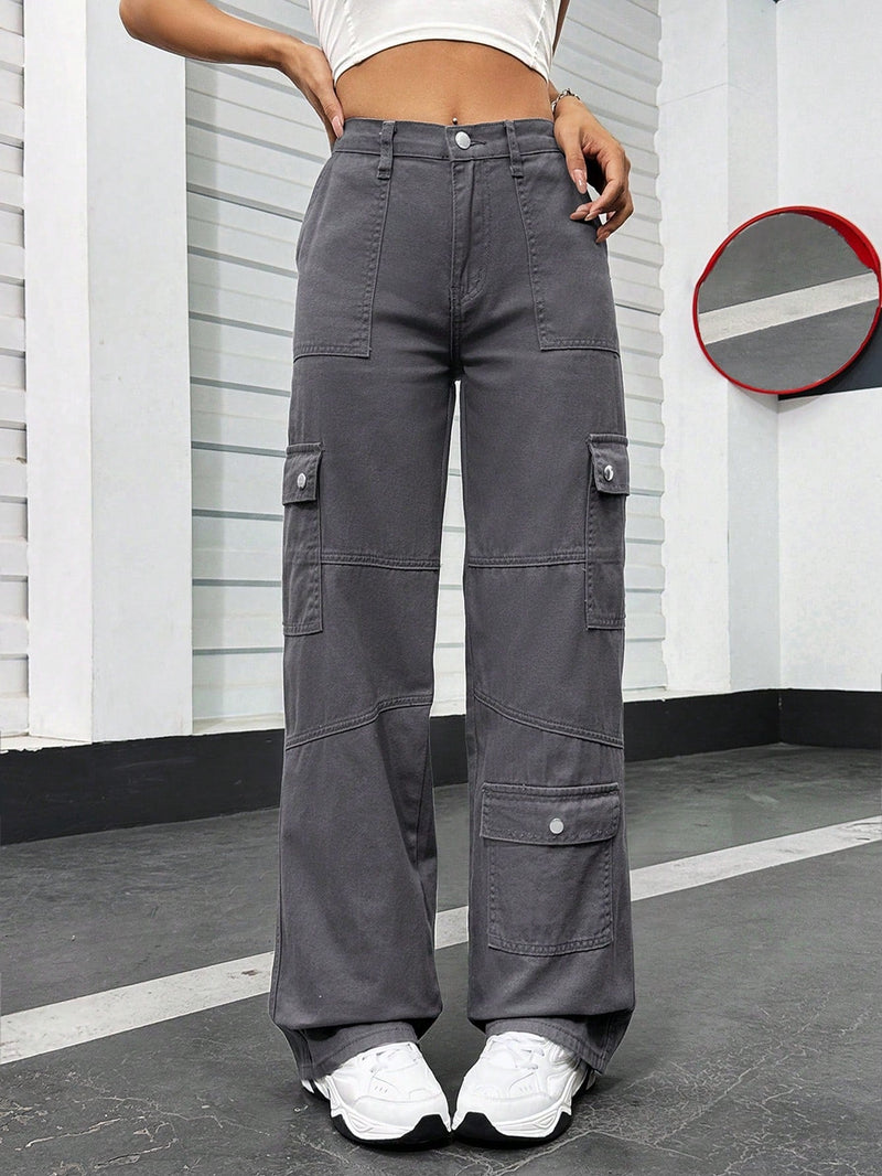 PETITE Pantalones De Mezclilla Gris Para Mujer De Ajuste Holgado Y Recto Con Aspecto Casual De Utilidad