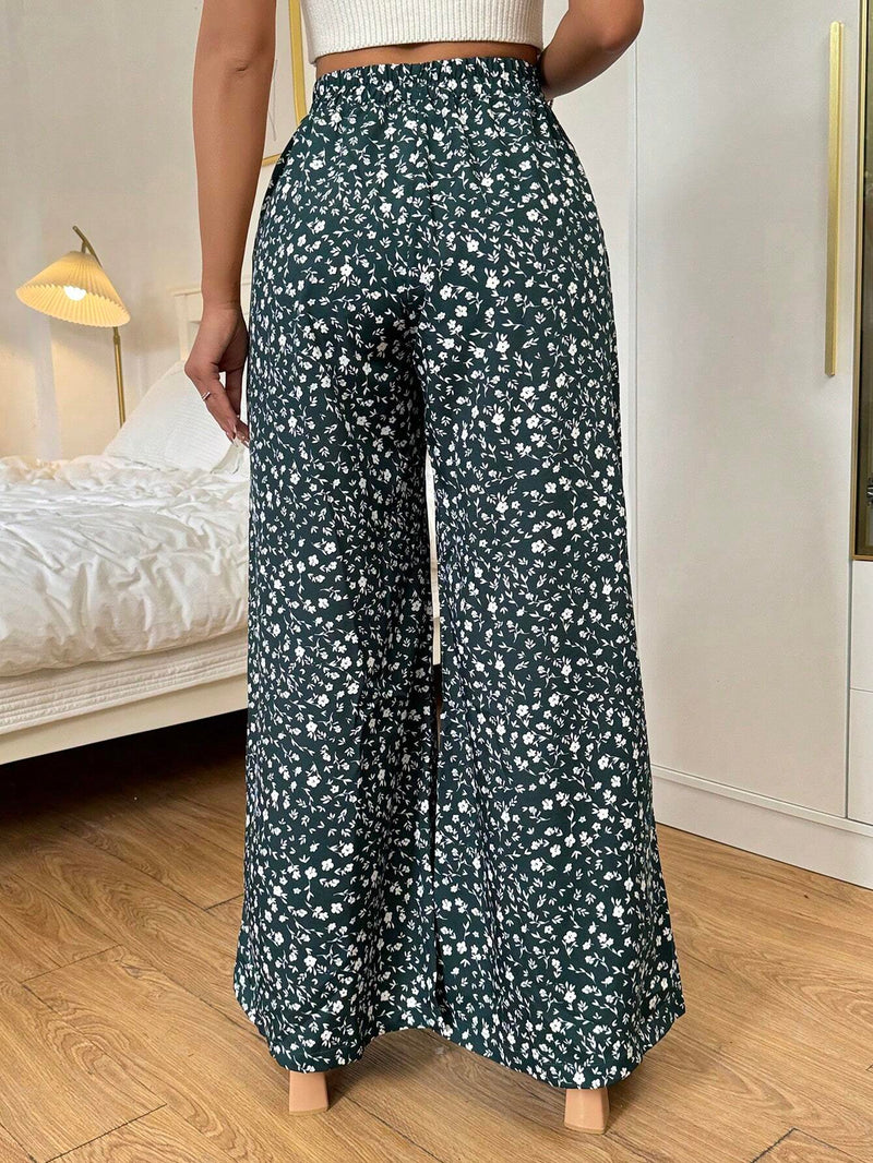 VCAY Pantalones De Pierna Ancha Y Suelta Con Bolsillos Diagonales Y Estampado De Flores Pequenas