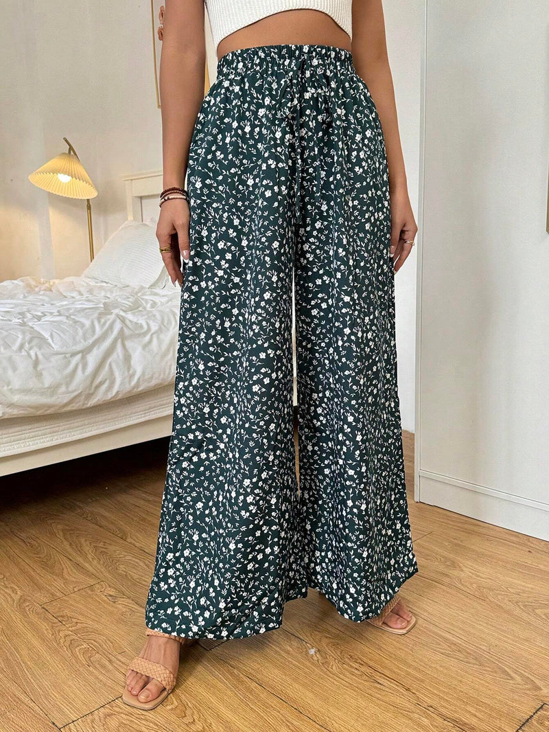 VCAY Pantalones De Pierna Ancha Y Suelta Con Bolsillos Diagonales Y Estampado De Flores Pequenas