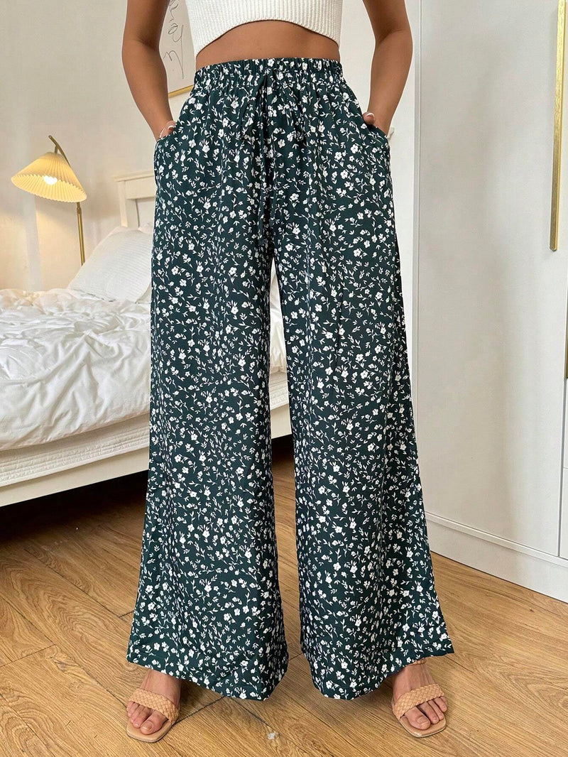 VCAY Pantalones De Pierna Ancha Y Suelta Con Bolsillos Diagonales Y Estampado De Flores Pequenas