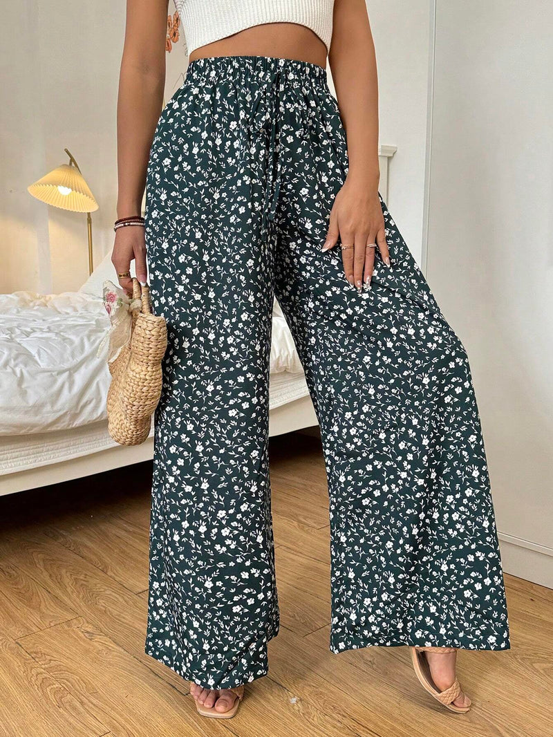 VCAY Pantalones De Pierna Ancha Y Suelta Con Bolsillos Diagonales Y Estampado De Flores Pequenas