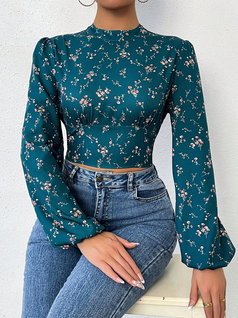 Essnce Camisa Para Mujer Con Estampado Floral, Cuello Con Soporte, Mangas De Farol Sin Espalda