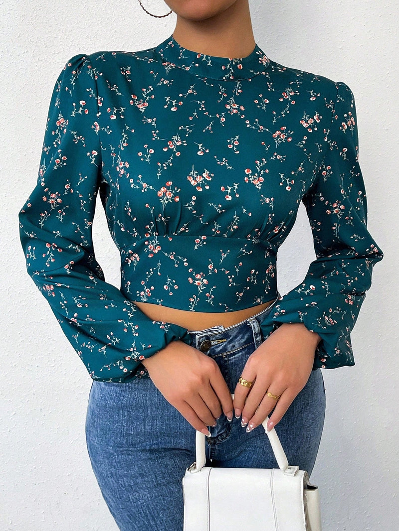 Essnce Camisa Para Mujer Con Estampado Floral, Cuello Con Soporte, Mangas De Farol Sin Espalda