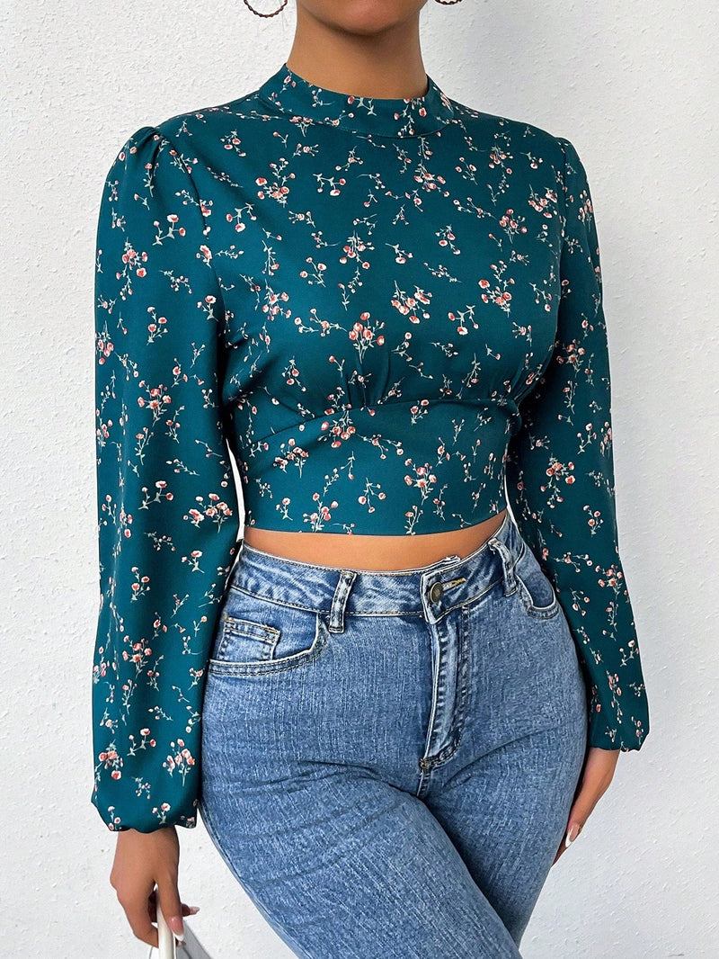 Essnce Camisa Para Mujer Con Estampado Floral, Cuello Con Soporte, Mangas De Farol Sin Espalda