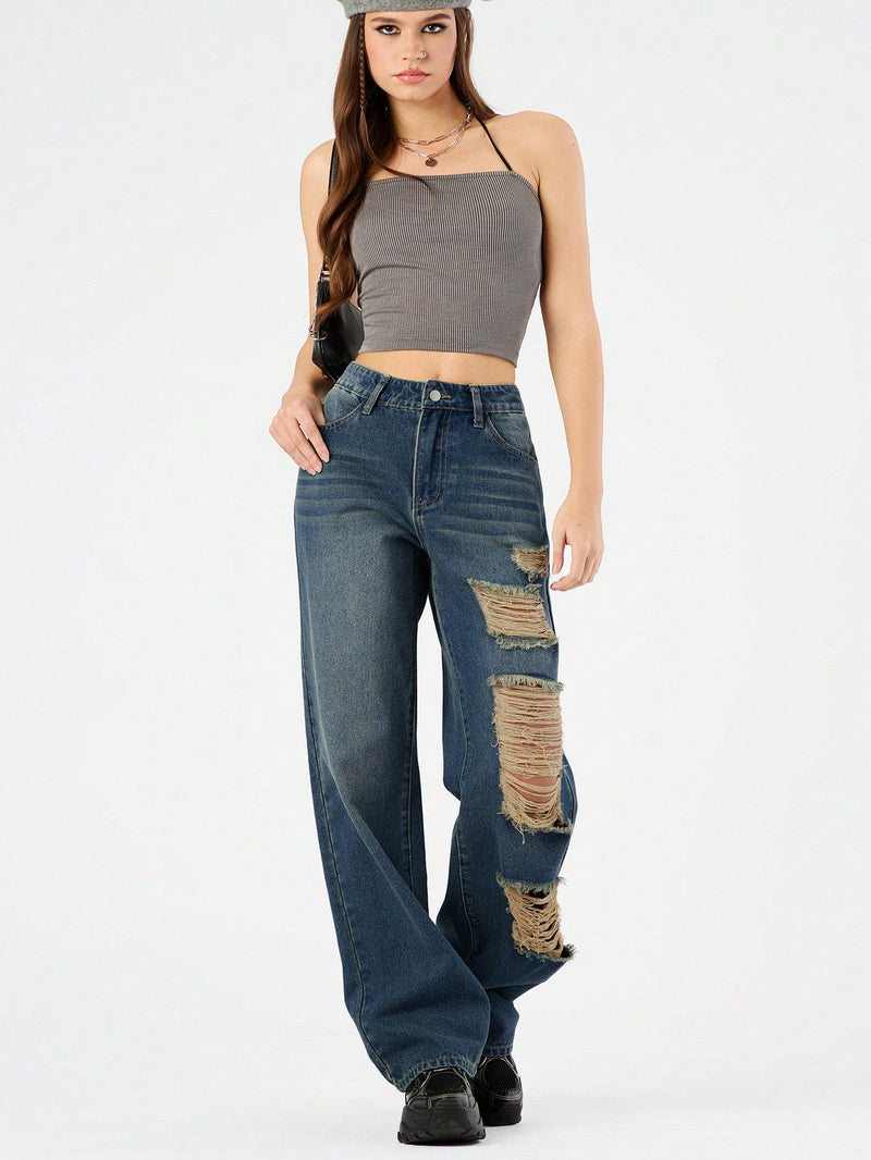 Forever 21 Jeans De Mezclilla Desgastados Con Bolsillos Para Mujer