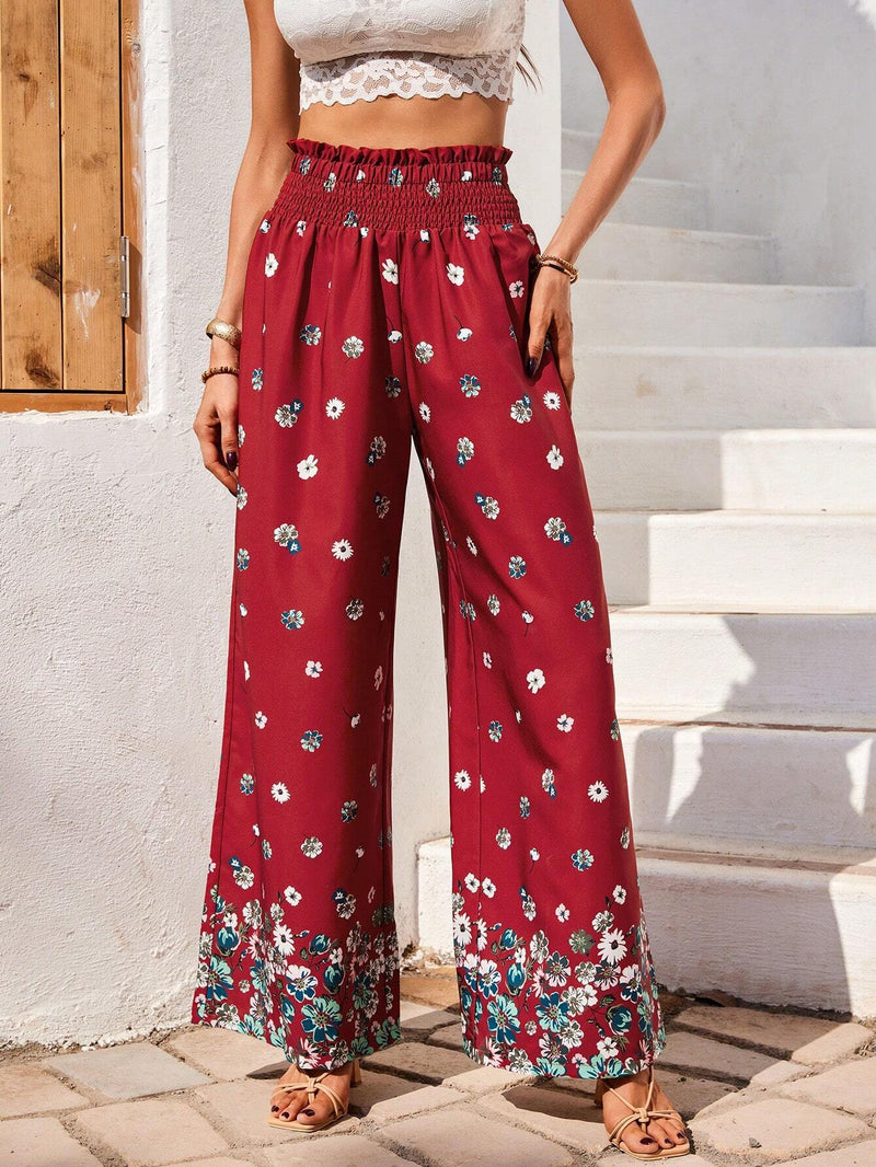 VCAY Pantalones Anchos Plisados con Flores De Cintura Alta