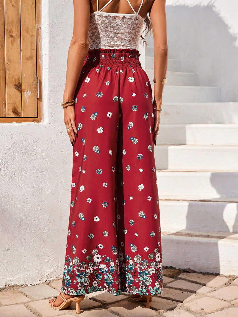 VCAY Pantalones Anchos Plisados con Flores De Cintura Alta