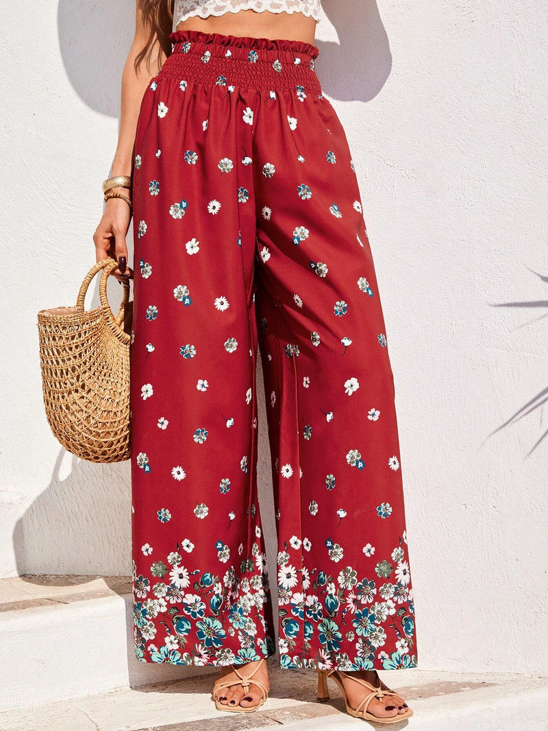 VCAY Pantalones Anchos Plisados con Flores De Cintura Alta