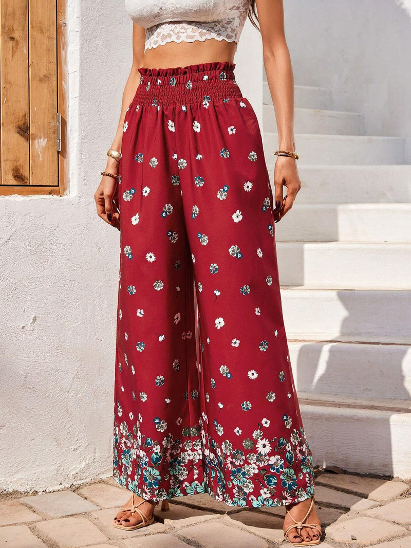 VCAY Pantalones Anchos Plisados con Flores De Cintura Alta