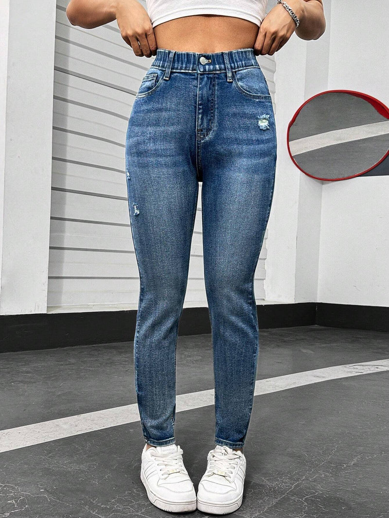 EZwear Jeans Ajustados De Mujer Elasticos De Cintura Alta En Azul