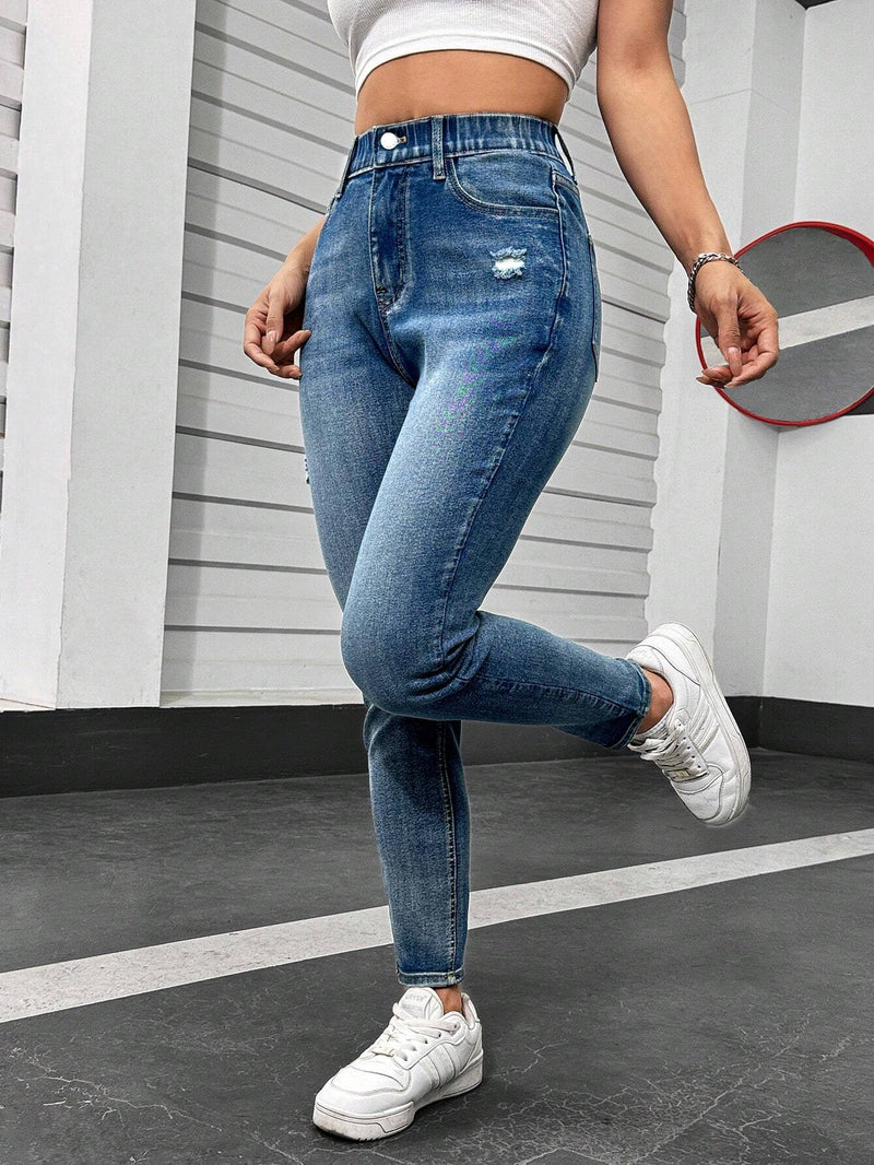 EZwear Jeans Ajustados De Mujer Elasticos De Cintura Alta En Azul