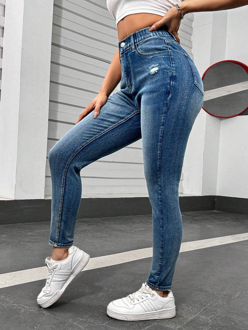 EZwear Jeans Ajustados De Mujer Elasticos De Cintura Alta En Azul