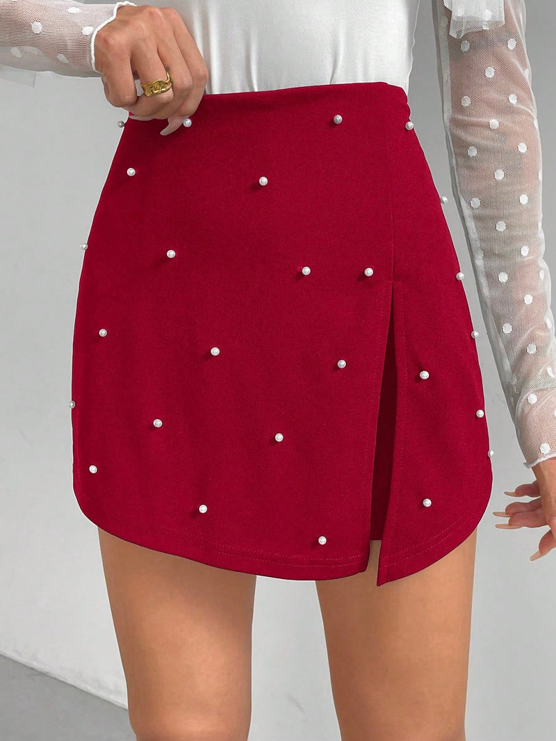 Prive Mini Skort Con Abalorios Y Decoracion Dividida Para Mujeres