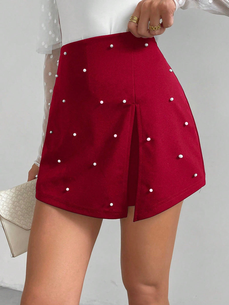 Prive Mini Skort Con Abalorios Y Decoracion Dividida Para Mujeres