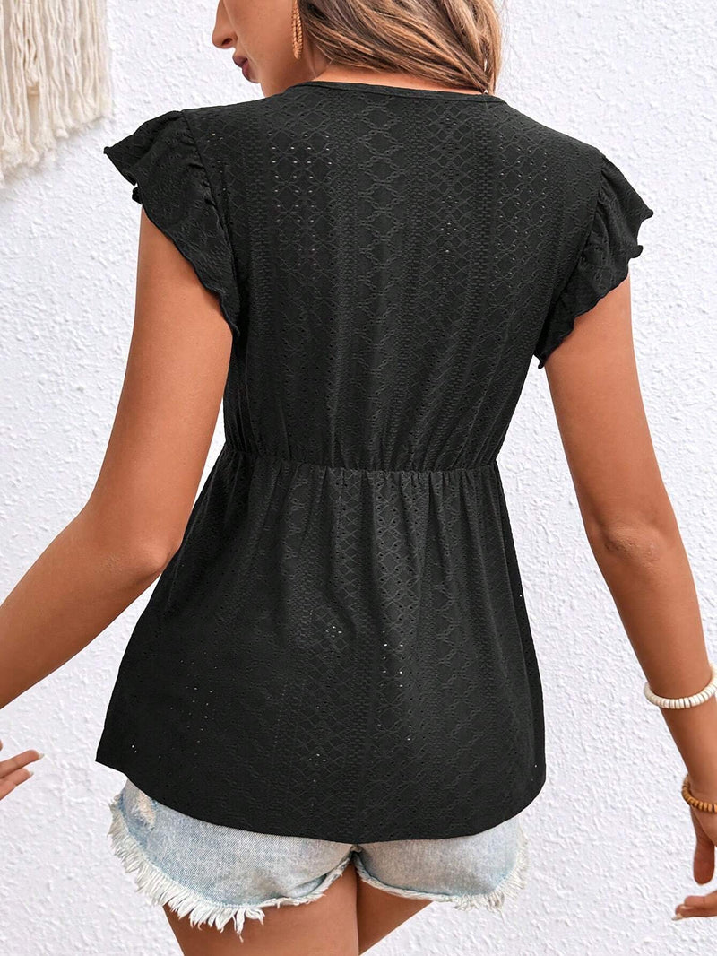 Frenchy Camiseta A-line Con Cuello De Encaje Elegante, Mangas Voladoras Y Cintura Ajustada Para Mujer