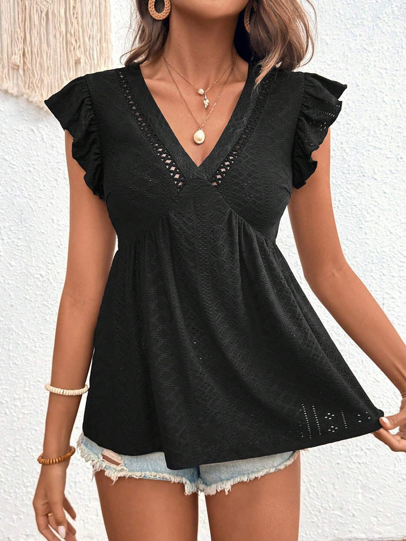 Frenchy Camiseta A-line Con Cuello De Encaje Elegante, Mangas Voladoras Y Cintura Ajustada Para Mujer