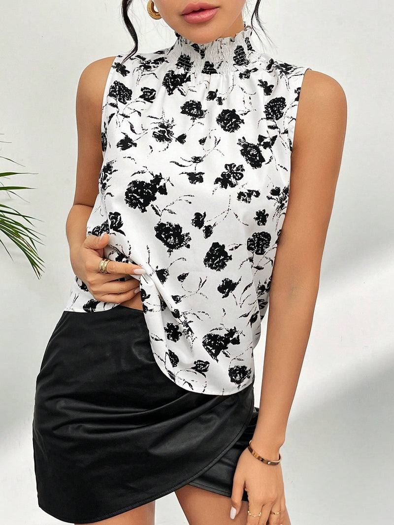 Prive Blusa Sin Mangas De Cuello Alto Con Volantes Y Estampado De Flores De Estilo Frances Para Primavera/verano De Mujer