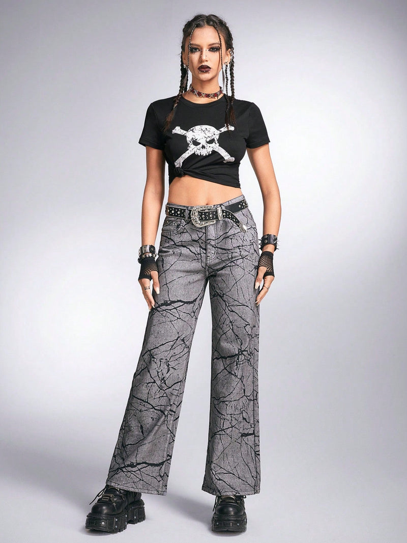 ROMWE Grunge Punk Pantalones Jeans Rectos Estampados Con Diseno De Bolsillos Inclinados