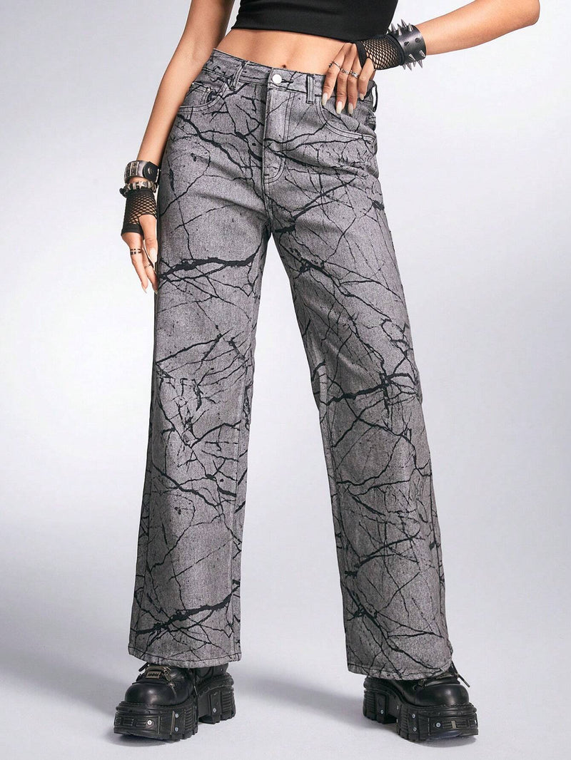 ROMWE Grunge Punk Pantalones Jeans Rectos Estampados Con Diseno De Bolsillos Inclinados