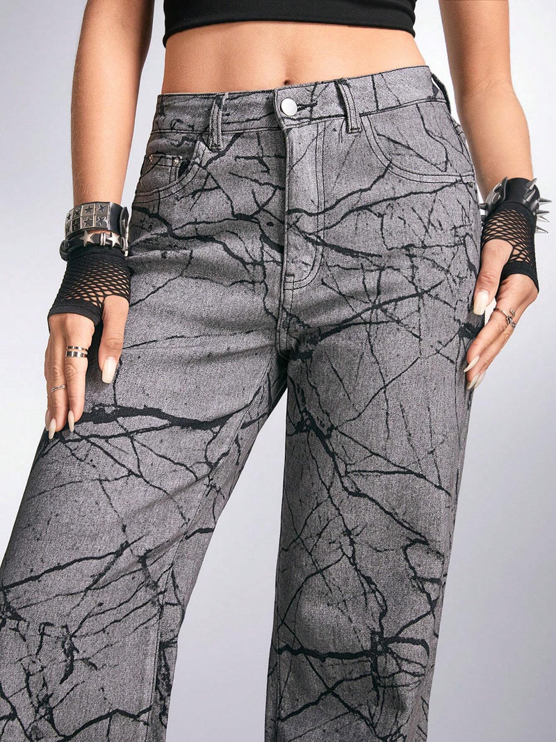 ROMWE Grunge Punk Pantalones Jeans Rectos Estampados Con Diseno De Bolsillos Inclinados