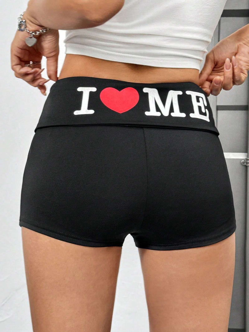 EZwear Shorts Ajustados Con Cintura Elastica E Impresion De Corazones Y Letras