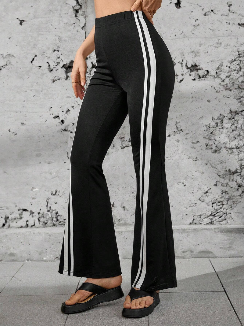 Essnce Pantalones Acampanados De Verano Para Mujer Con Parches A Rayas Y Corte Lateral Con Cintura Elastica, Comodos Y Adecuados Para Deportes Casuales