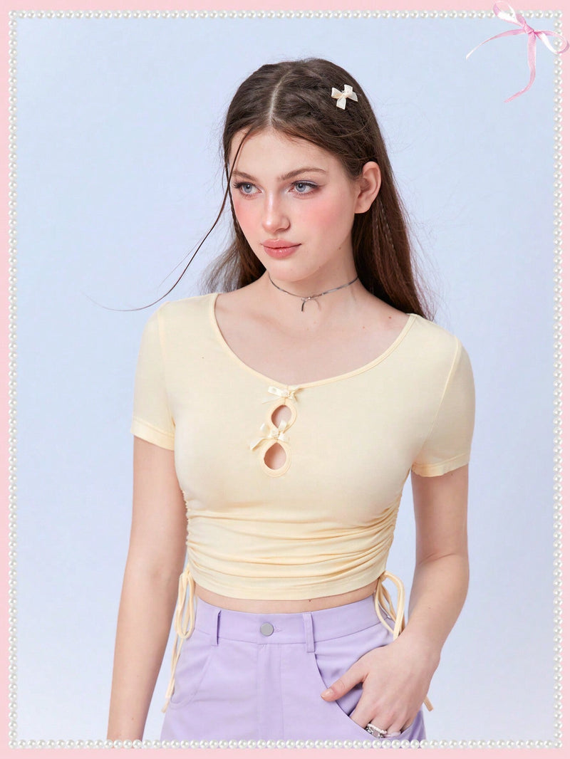 Neu Balletcore Coquette Kawaii Bow Amarillo Claro Camiseta Con Cordon Ajustable, Mangas Cortas, Con Pliegues, Cuello En V, Para Mujeres. Ideal Camisa Para Verano, Vacaciones En La Playa, Salida Casual