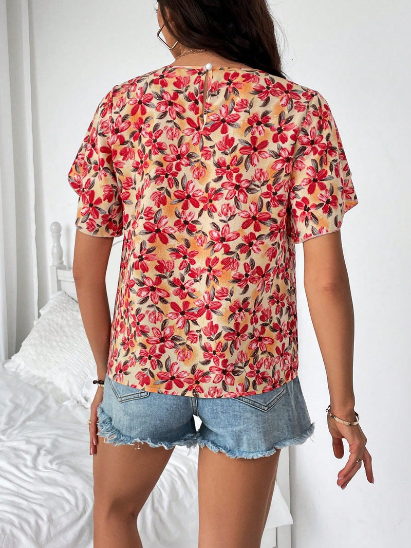 Clasi Camisa De Manga Corta Con Cuello Redondo Y Estampado Floral