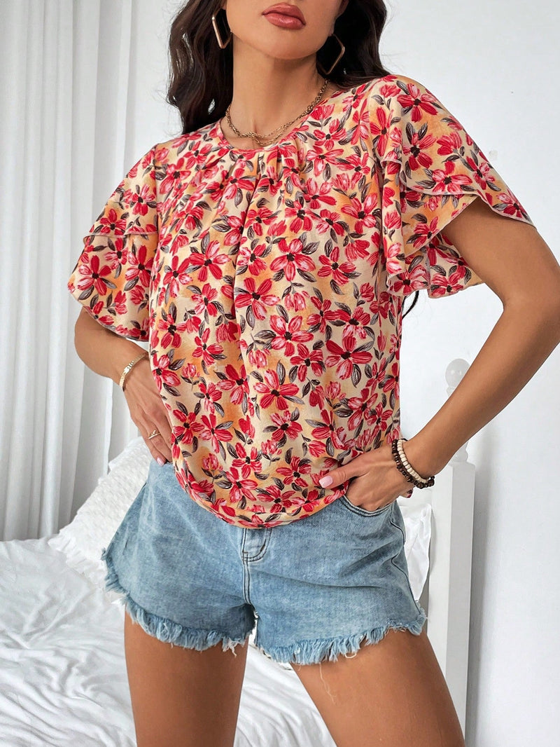 Clasi Camisa De Manga Corta Con Cuello Redondo Y Estampado Floral