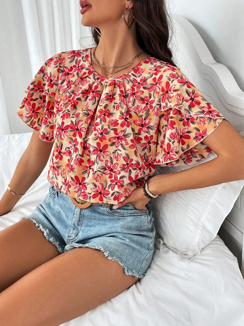 Clasi Camisa De Manga Corta Con Cuello Redondo Y Estampado Floral