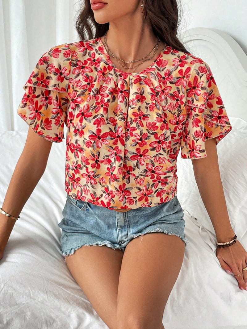 Clasi Camisa De Manga Corta Con Cuello Redondo Y Estampado Floral