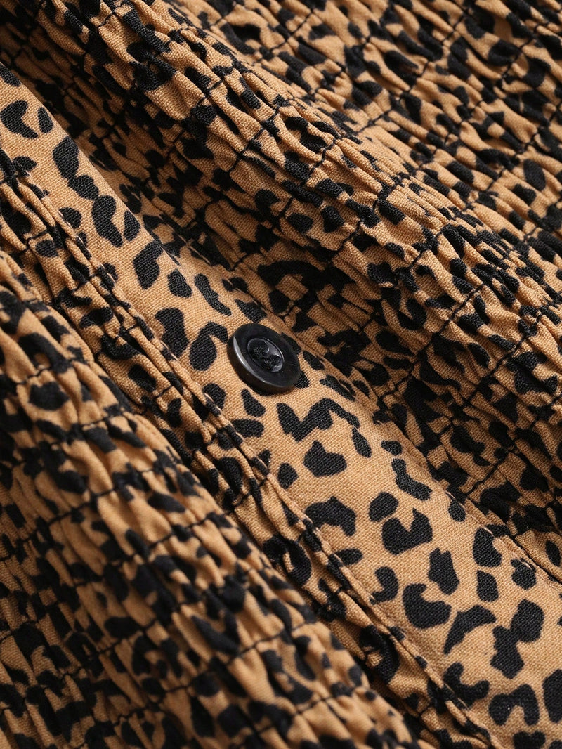 DAZY Blusa De Manga Corta Hueca Con Estampado De Leopardo Para Mujeres