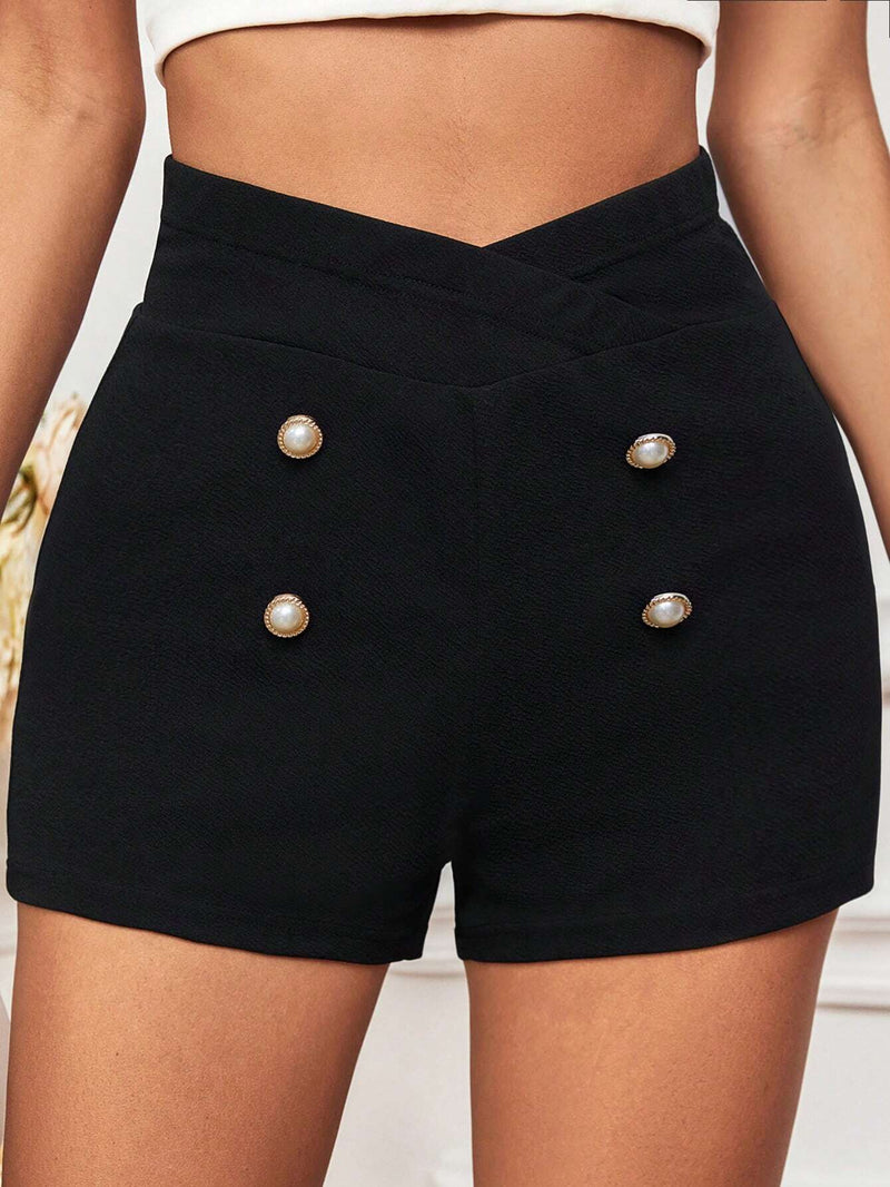 Shorts De Detalle De Botones En La Cintura Superpuesta Para Mujeres